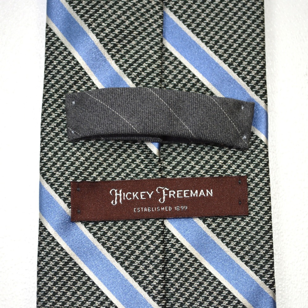 Hickey Freeman Mens Silk Tie Grey Blue Striped Micro Pattern Made in USA